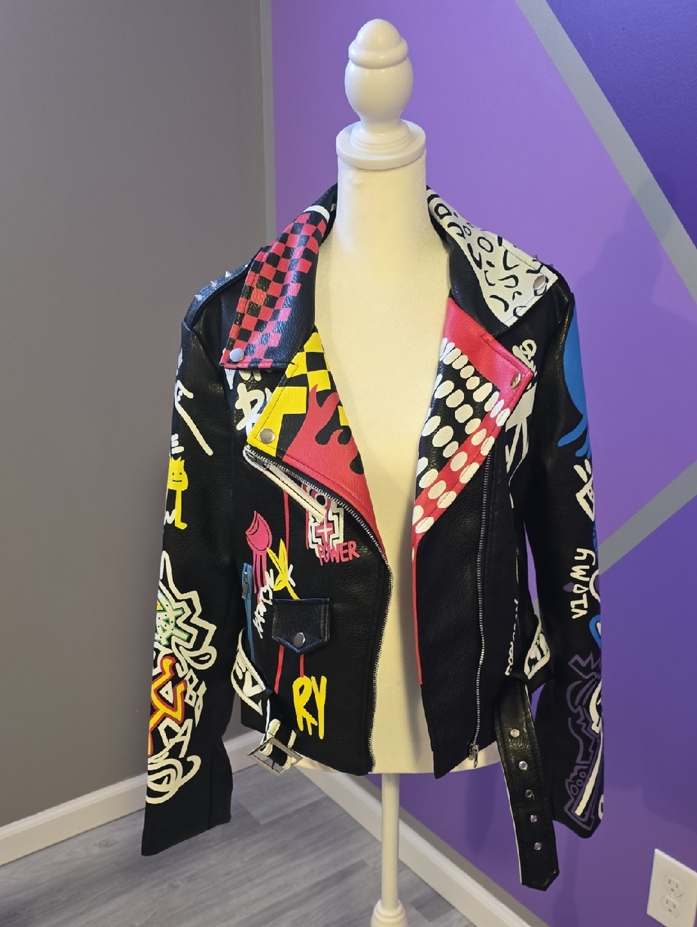 Painted Black Leather Biker Jacket with Multicolor Graffiti Accents